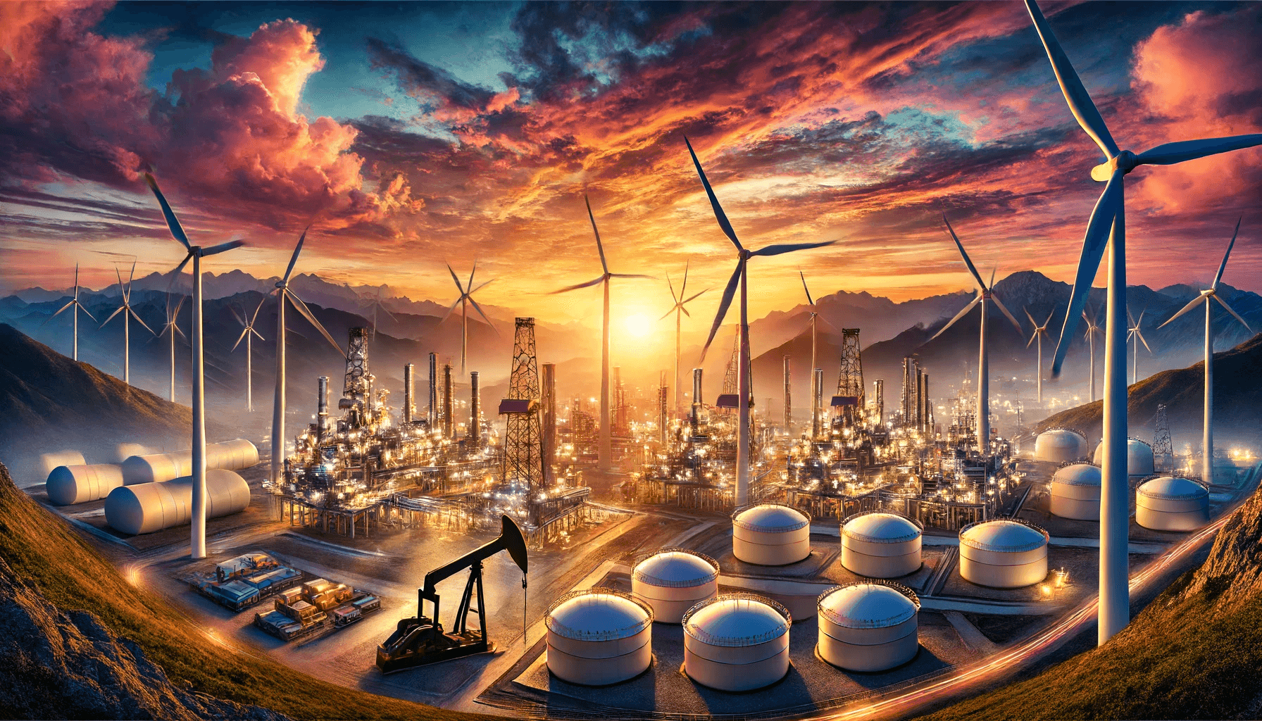 Sweet Futures Energy Trading section with picturesque setting with mountains in the background, featuring both windmills for renewable energy and oil and natural gas production